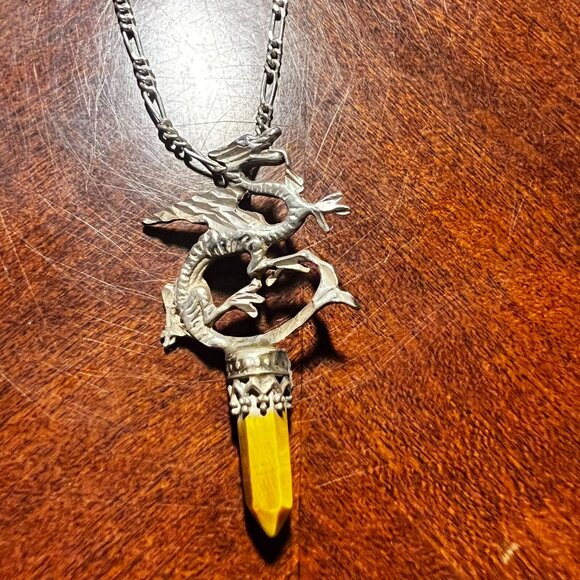 Sterling Silver 925 Dragon Pendant‎ Necklace With Amber-Colored Crystal &  Chain - Picture 4 of 6